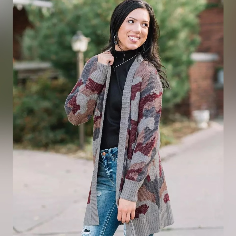 Hem and Thread Camo Cardigan Sweater